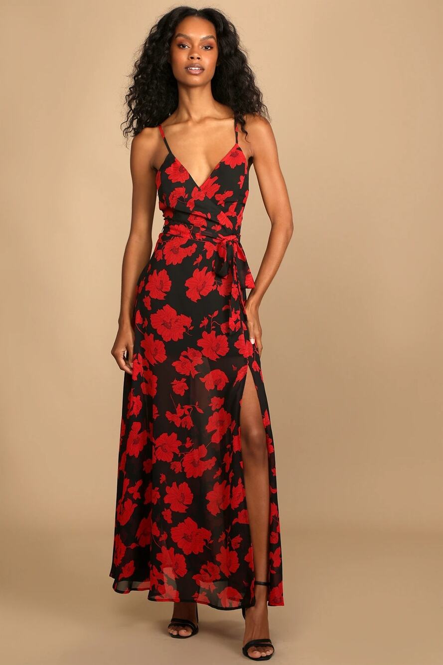 Lulus Best Occasion Black Red Floral Print Front Slit Party Event Maxi Dress S